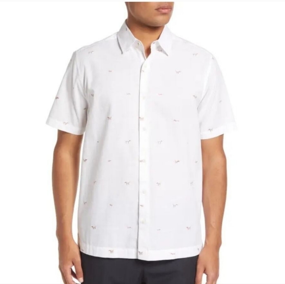 Ted Baker Pruden Dog Print Cotton Linen Blend Button Up